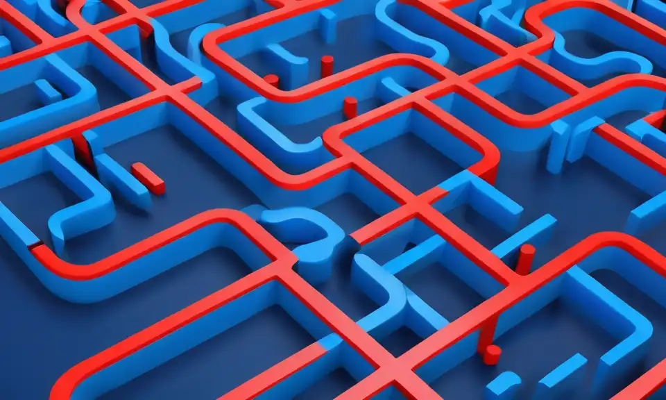 A network of blue and red lines representing paths of errors and successes